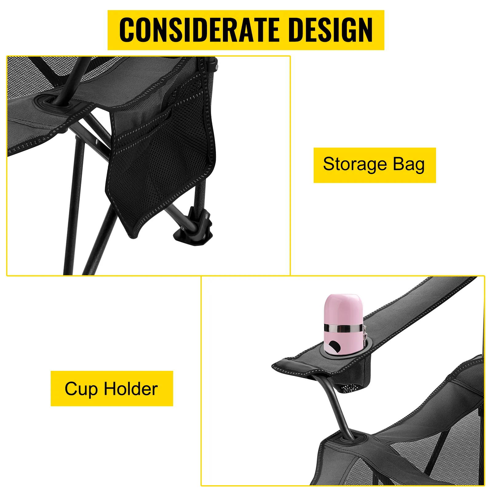 VEVOR folding camp chair with storage bag and integrated cup holder, considerate design.