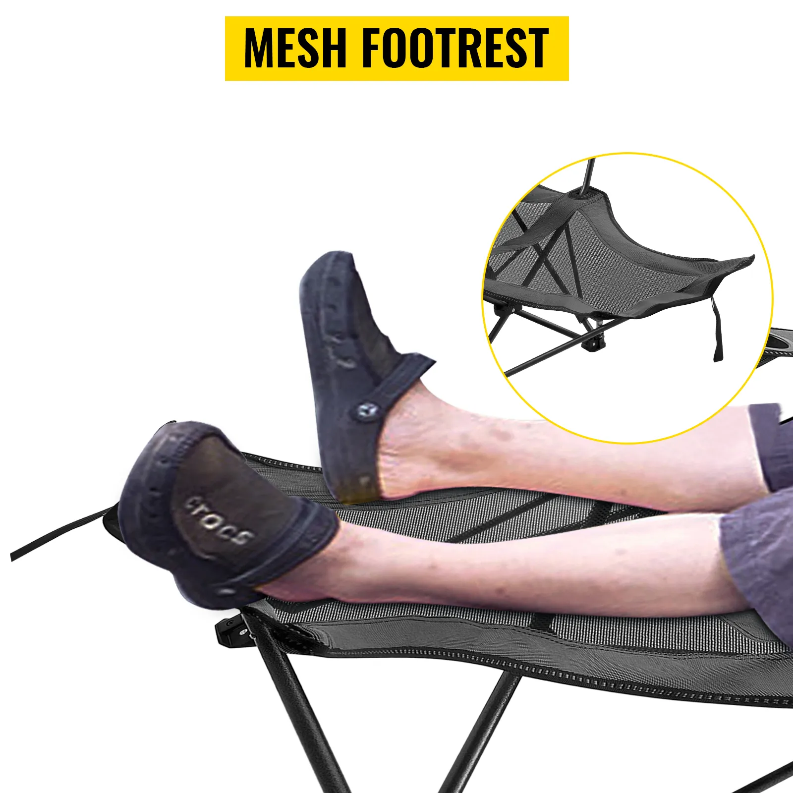 VEVOR folding camp chair with mesh footrest and relaxed legs in black footwear.
