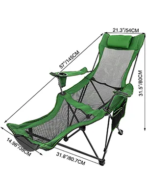sedia da campeggio pieghevole VEVOR verde con poggiagambe estensibile e braccioli, con indicazione delle dimensioni.