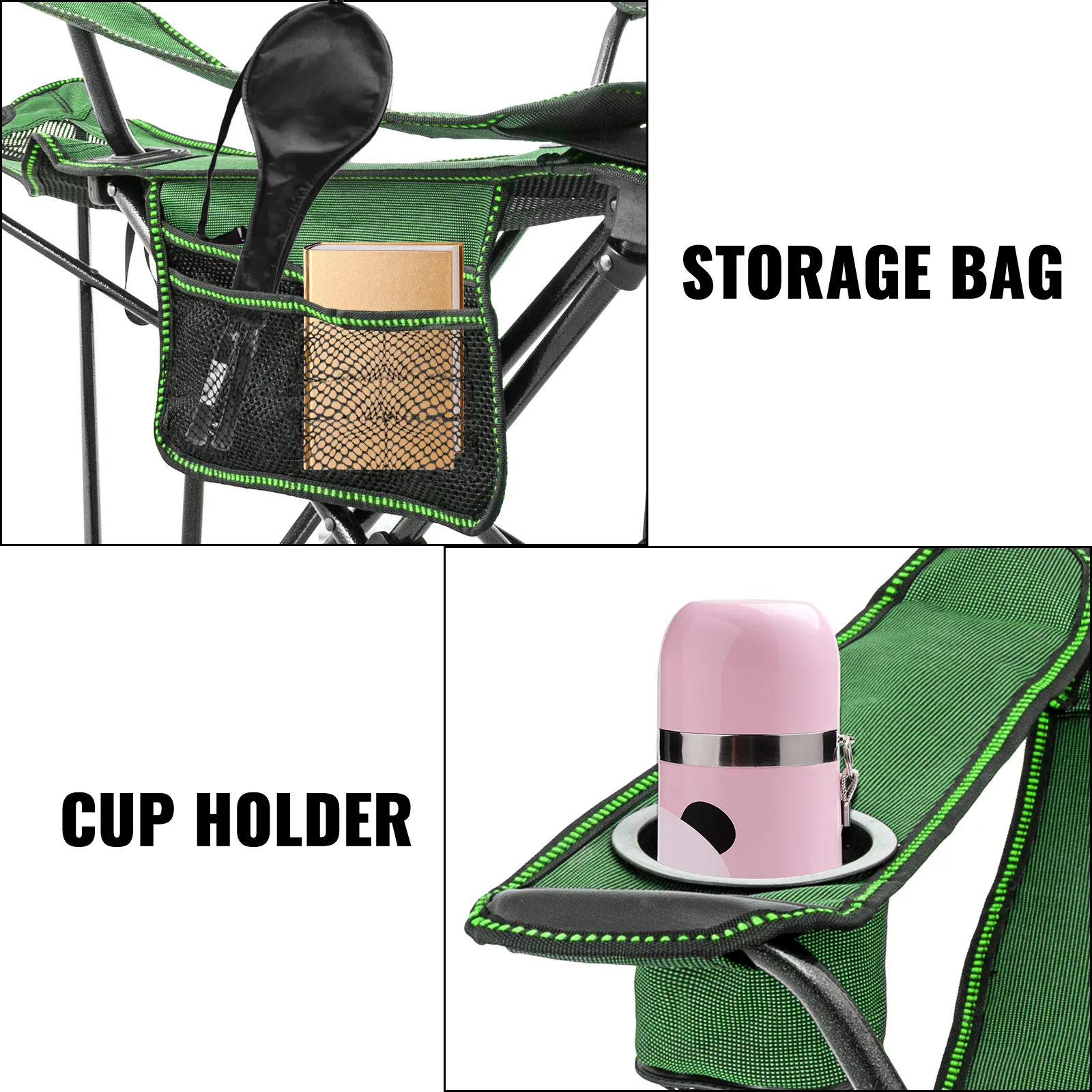 Sedia da campeggio pieghevole VEVOR con borsa portaoggetti e portabicchieri, colore nero e verde.