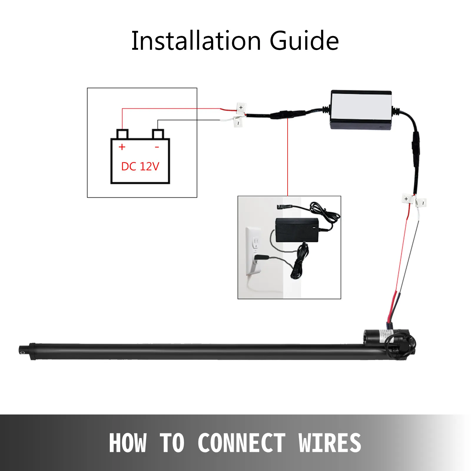 installation guide for VEVOR electric actuators kit, wiring to dc 12v battery.