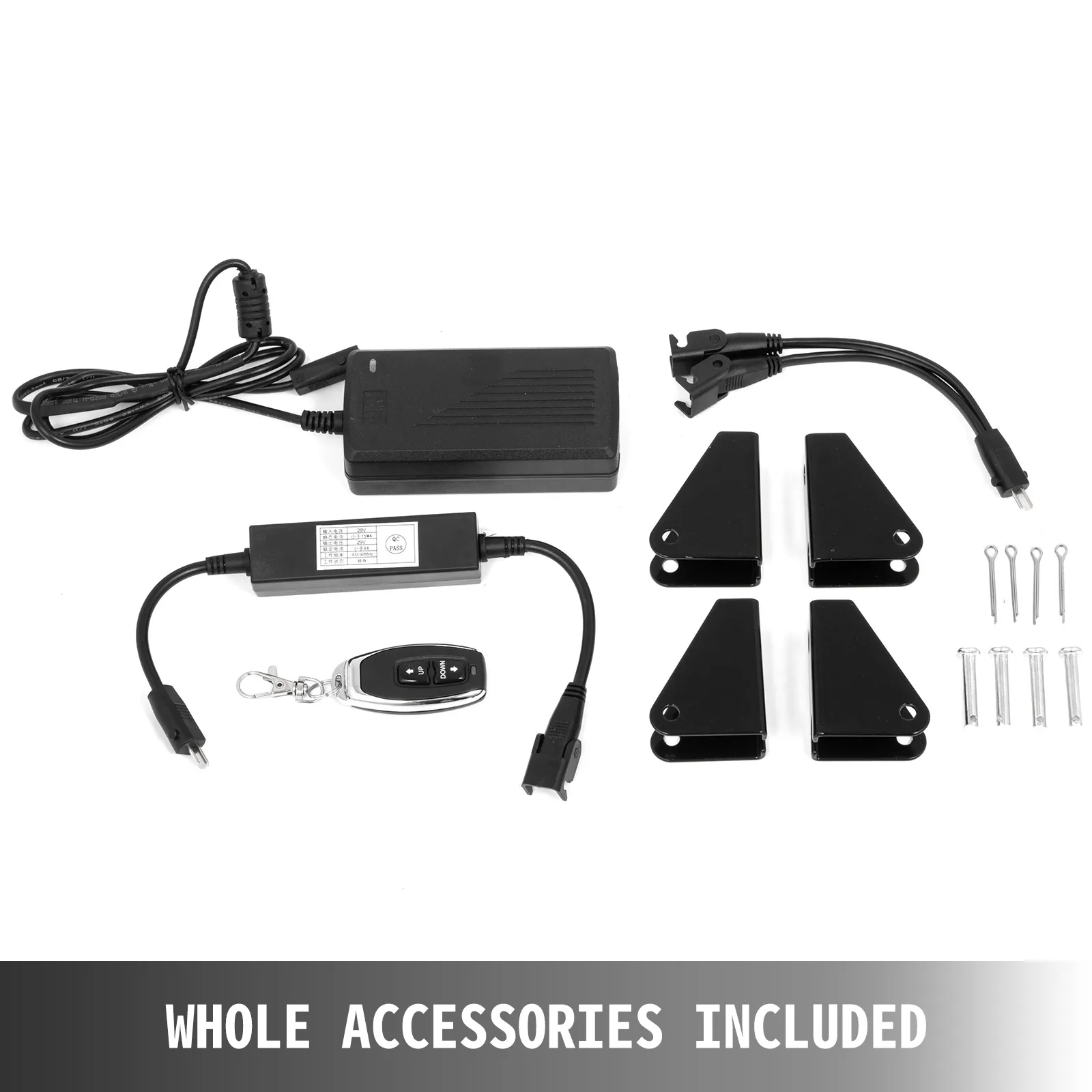 VEVOR electric actuators kit with remote, brackets, power supply, and screws.