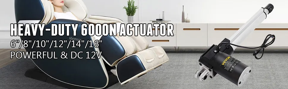 Actuador eléctrico VEVOR de alta resistencia junto a un sillón de masaje reclinable en una sala de estar moderna.