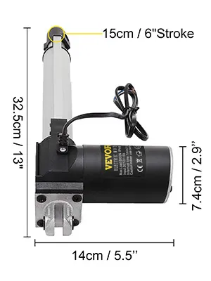 Actuador eléctrico VEVOR, carrera de 15 cm/6", dimensiones: 32,5 cm x 14 cm x 7,4 cm.