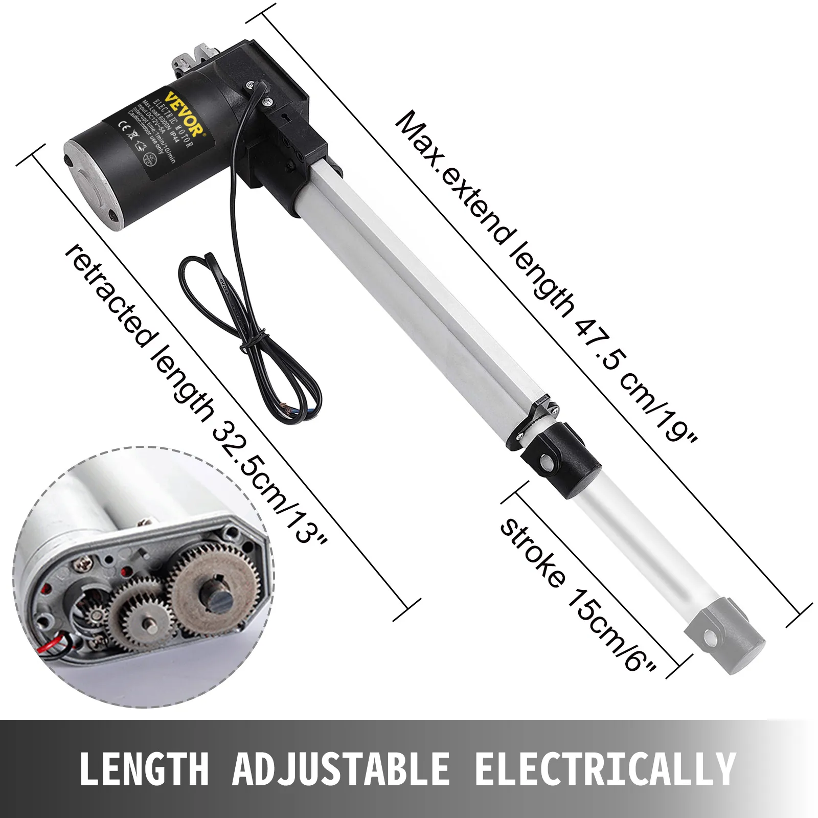 Actuador eléctrico VEVOR con longitud retráctil de 32,5 cm y longitud máxima de extensión de 47,5 cm