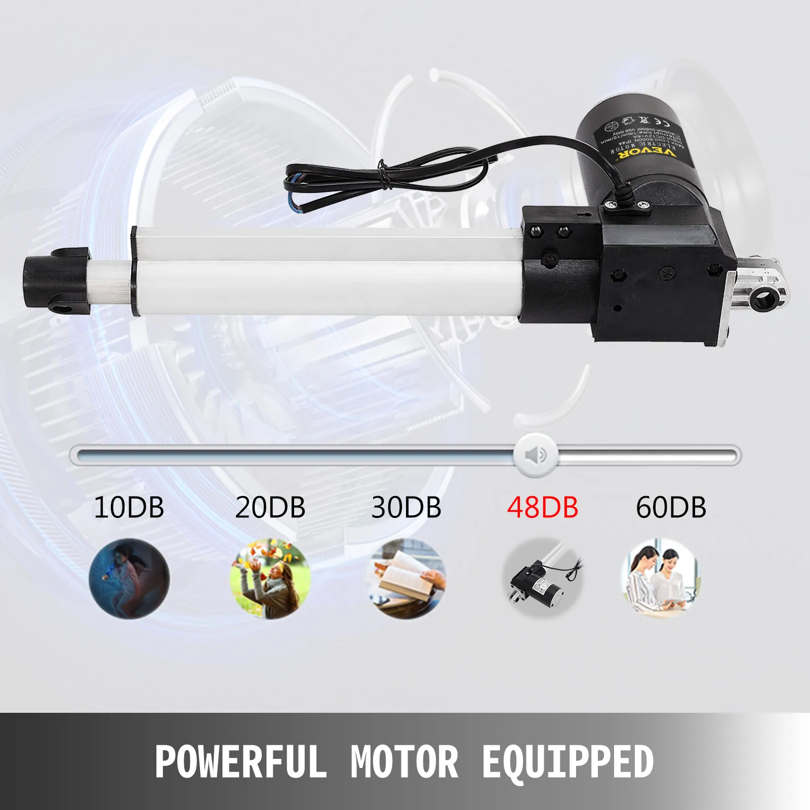 Actuador eléctrico VEVOR con potente motor, indicador de nivel de ruido que varía desde 10db a 60db.