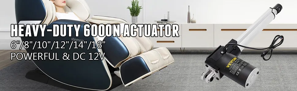 VEVOR electric actuator next to a reclining massage chair in a modern living room.