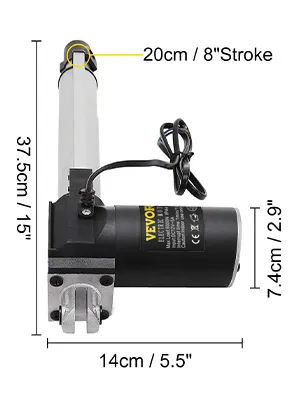 VEVOR electric actuator with dimensions: 20cm stroke, 37.5cm length, and 7.4cm width.