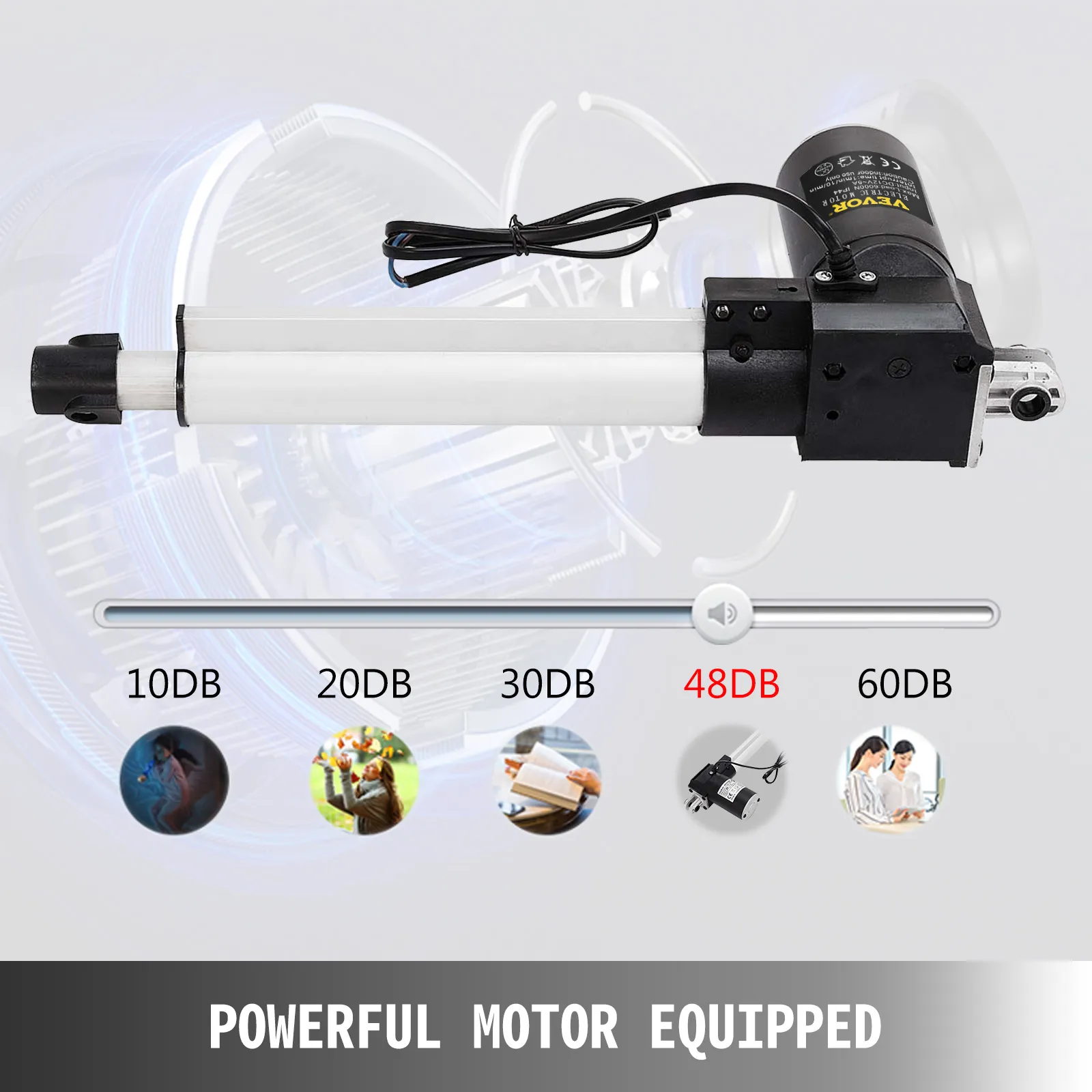 VEVOR electric actuator with powerful motor, 48db noise level slider, and product images.
