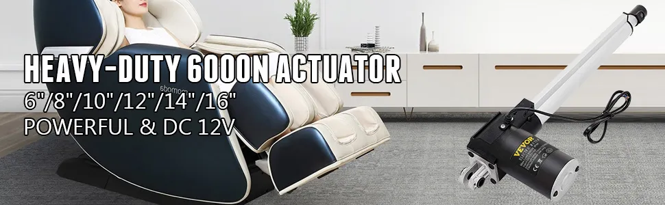 heavy-duty VEVOR electric actuator next to recliner chair in a modern living room.