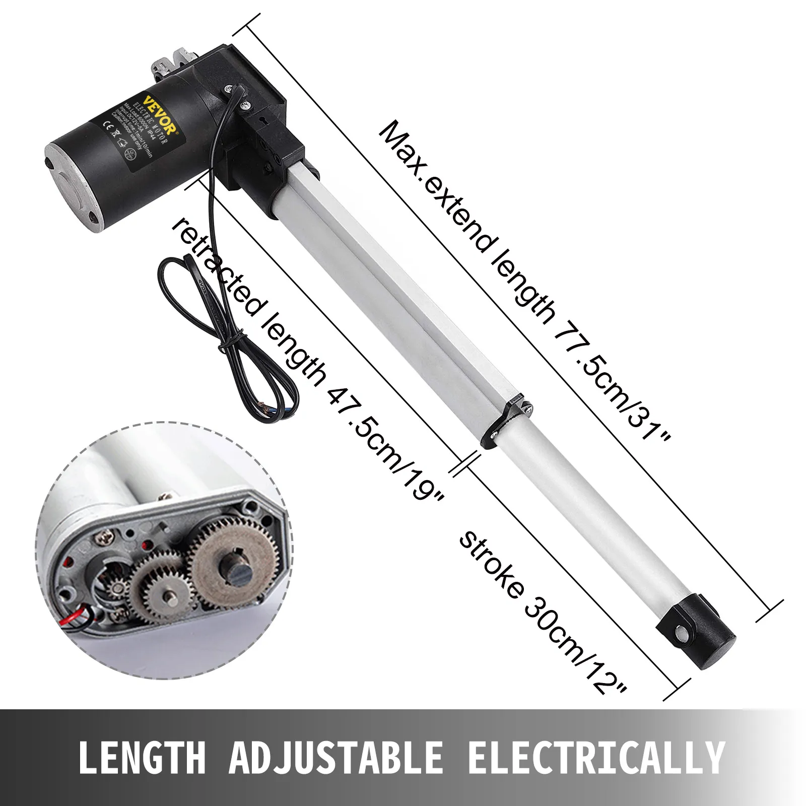 VEVOR electric actuator with adjustable length from 47.5cm to 77.5cm, stroke 30cm.