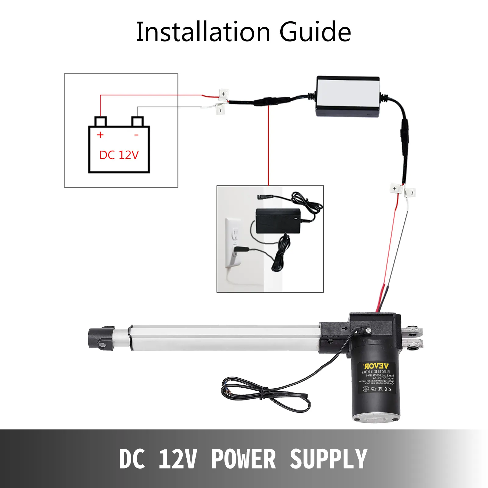 VEVOR electric actuator installation guide with dc 12v power supply.