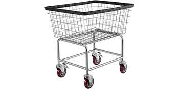 Carrito de lavandería de alambre VEVOR con ruedas giratorias rojas y canasta de alambre plateado.