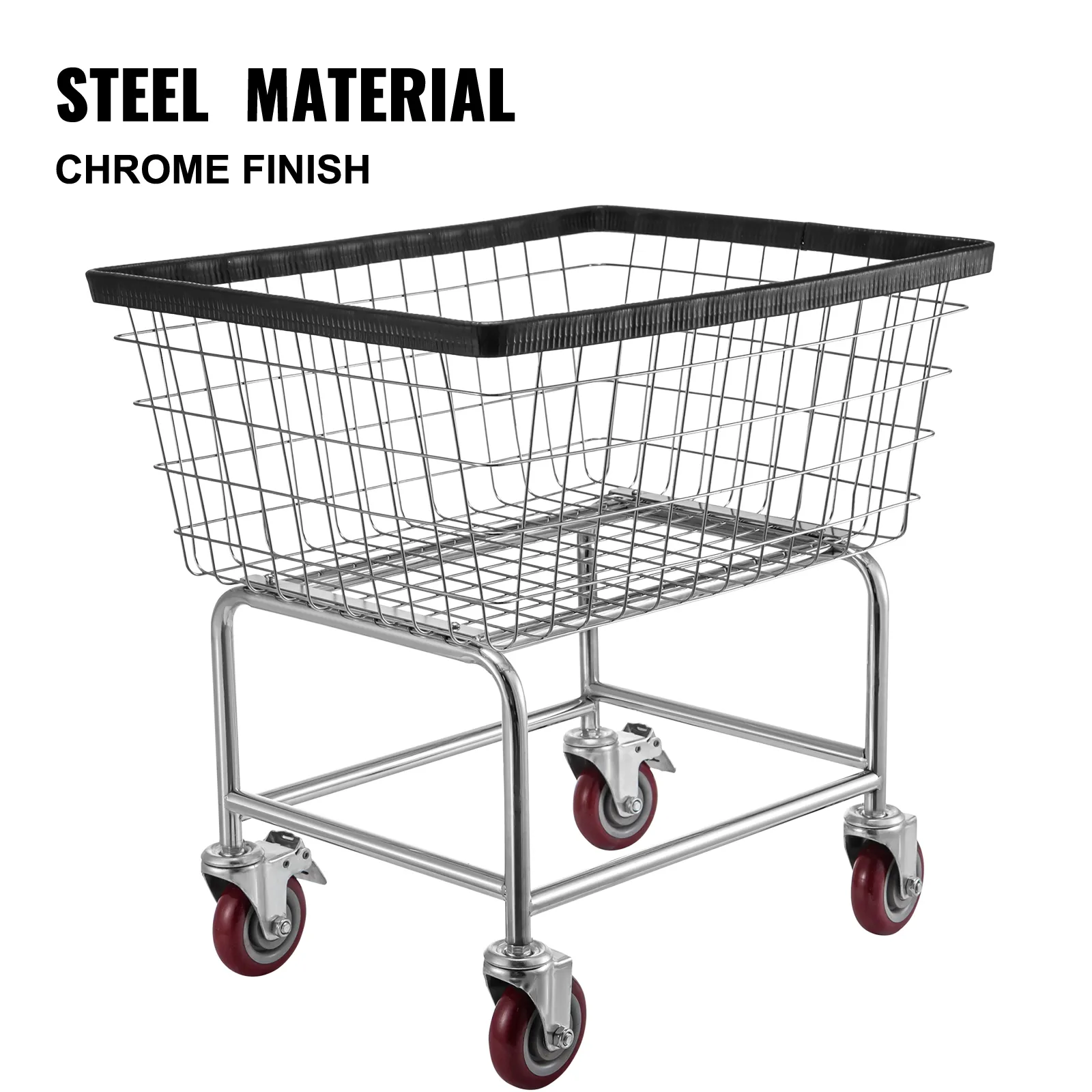 Carrito de lavandería de alambre VEVOR con estructura de acero, acabado cromado y ruedas rojas.