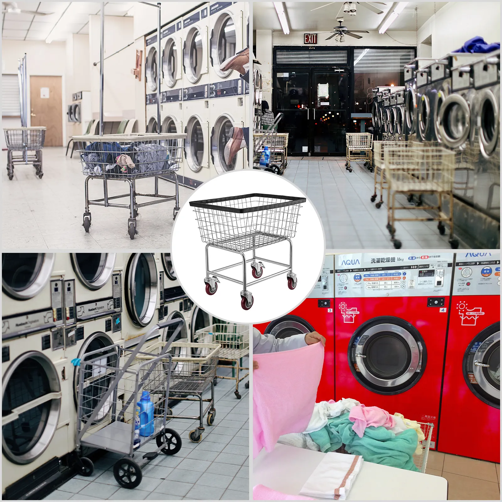 Carrito de lavandería de alambre VEVOR en lavandería automática junto a lavadoras y secadoras.