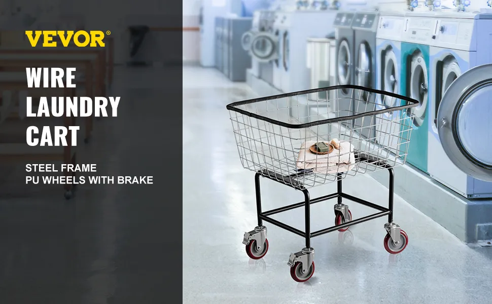 Carrito de lavandería de alambre VEVOR con estructura de acero y ruedas de PU en una lavandería automática.