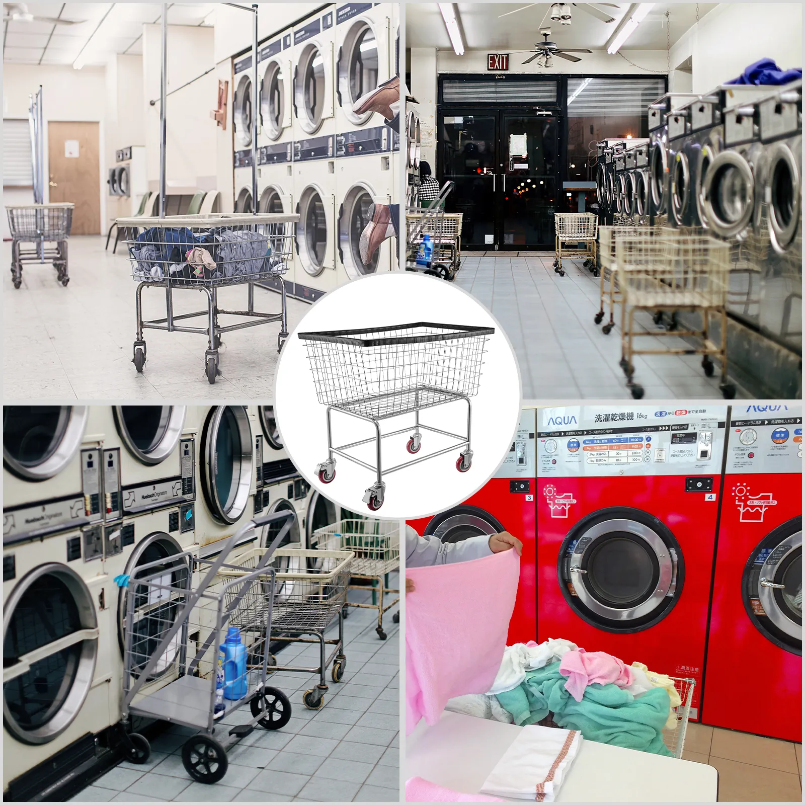 VEVOR-Wäschewagen aus Draht im Waschsalon mit Waschmaschinen, Trocknern und Wäschewagen.