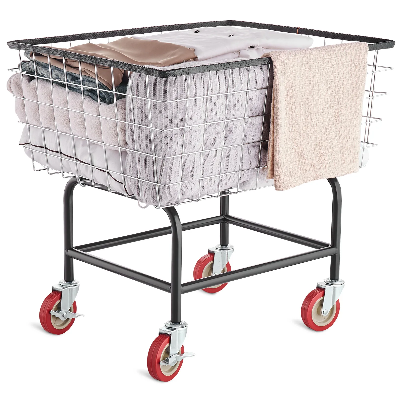Carrito de lavandería de alambre VEVOR con ruedas rojas y una cesta de metal con borde negro sobre un marco de metal.