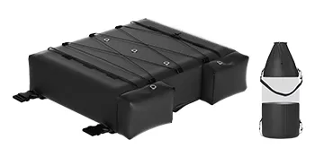 schwarze VEVOR T-Top-Aufbewahrungstasche mit mehreren Fächern und angebrachten Sicherungsgurten, neben einem zylindrischen Aufbewahrungsbeutel.