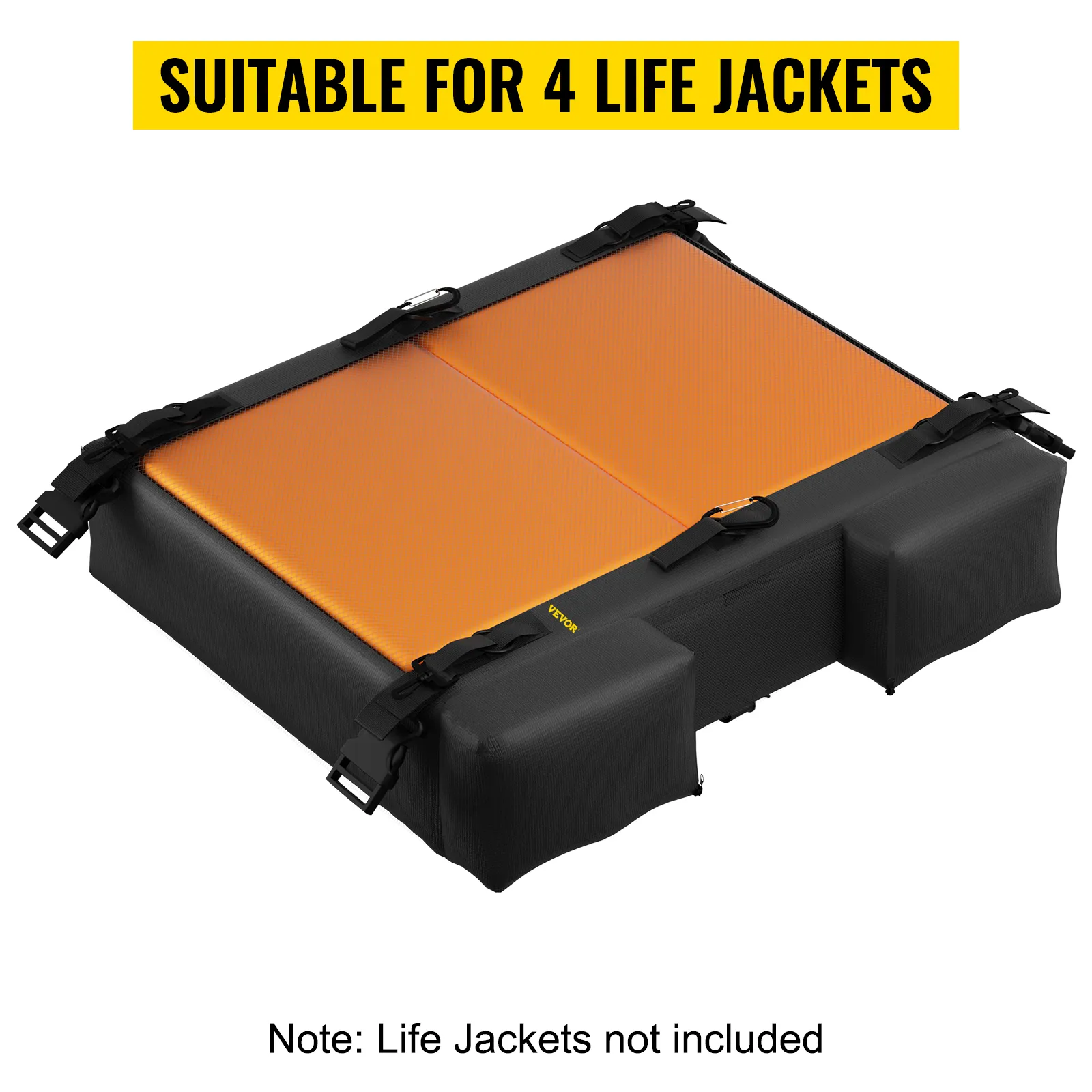 VEVOR T-Top-Aufbewahrungstasche für 4 Schwimmwesten mit orange-schwarzem Design; Schwimmwesten nicht im Lieferumfang enthalten.