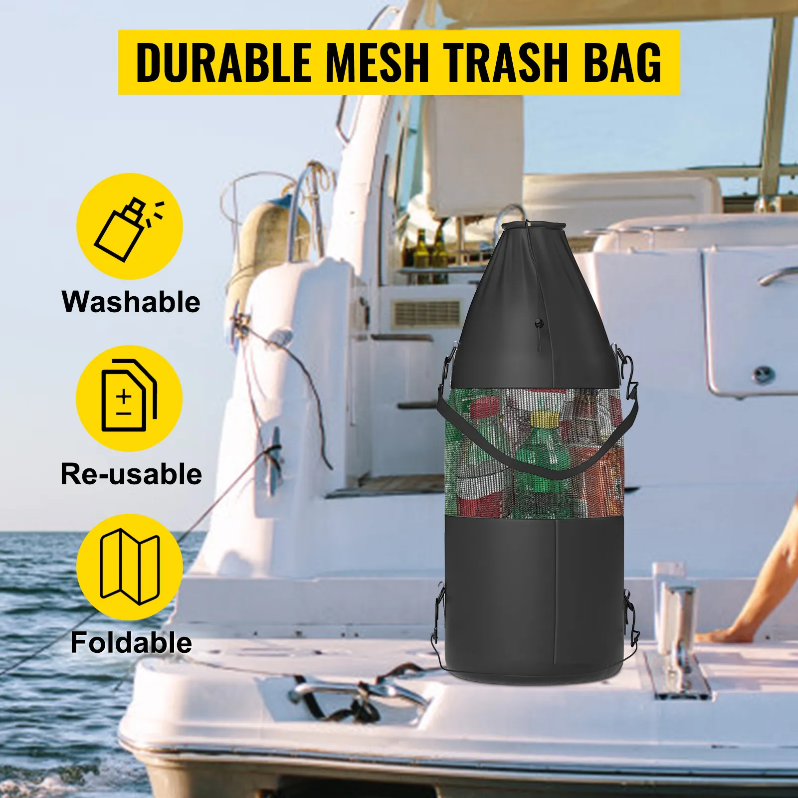 Robuster Müllbeutel aus Netzgewebe auf einem Boot mit Meereshintergrund, der durch seine waschbaren, wiederverwendbaren und faltbaren Eigenschaften besticht.