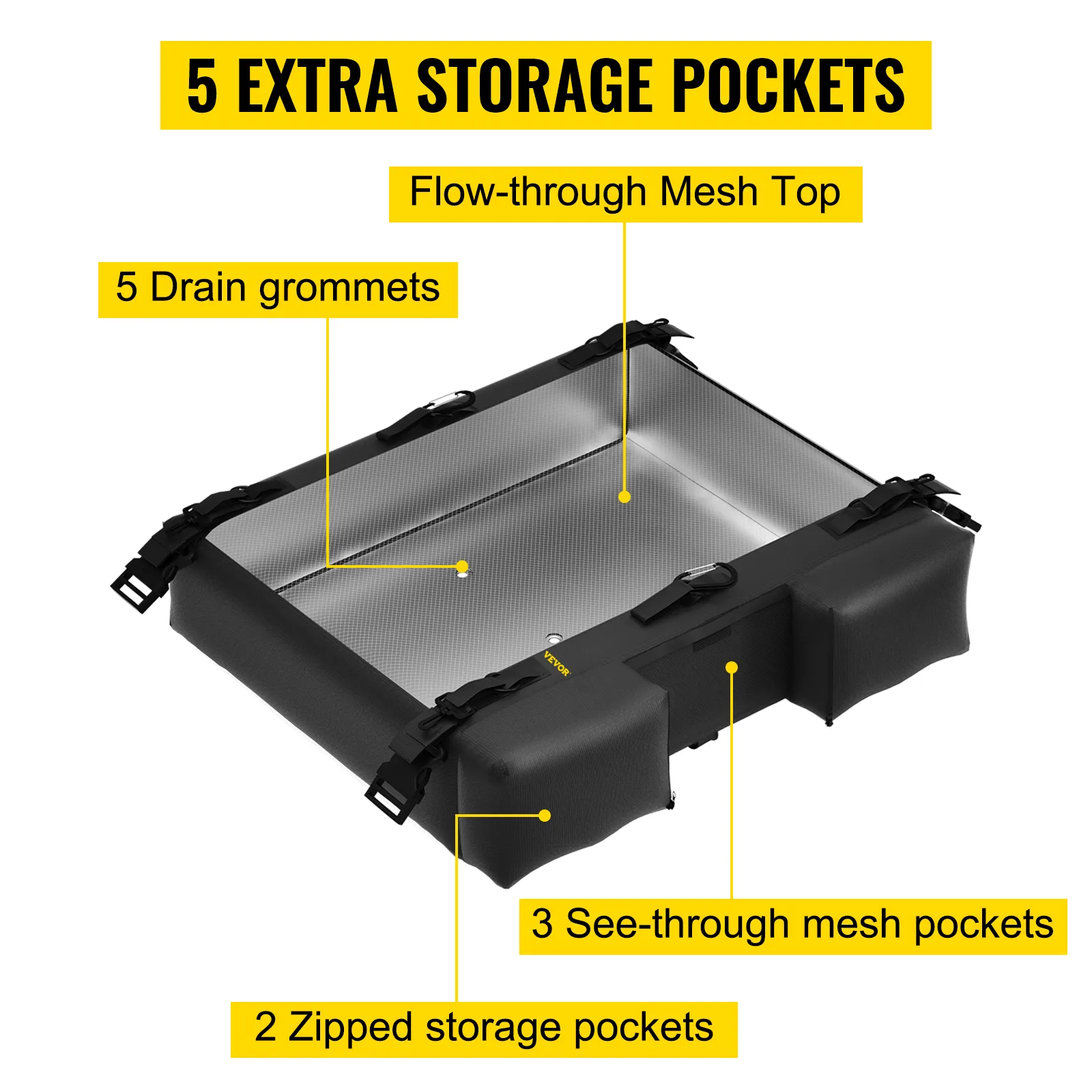 VEVOR T-Top-Aufbewahrungstasche mit 5 Ablauftüllen, 5 zusätzlichen Aufbewahrungstaschen und einem durchsichtigen Netzdeckel.