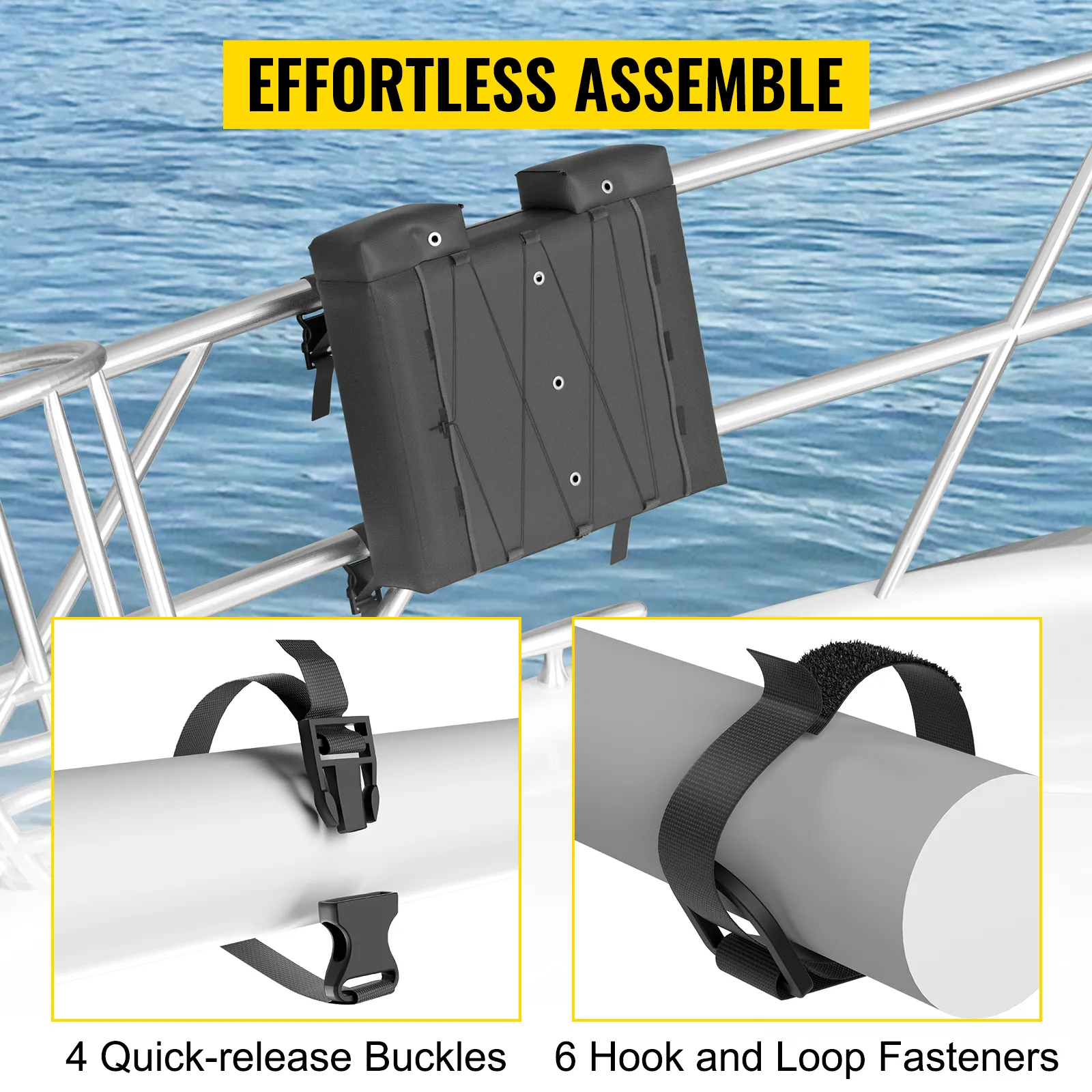 An der Bootsreling befestigte T-Top-Aufbewahrungstasche von VEVOR mit 4 Schnellverschlüssen und 6 Klettverschlüssen.