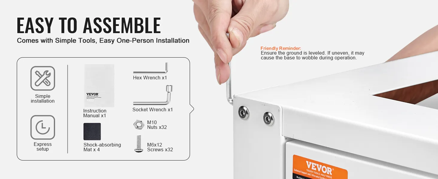 easy assembly of VEVOR laundry pedestal with included tools: hex wrench, socket wrench, screws, and manual.