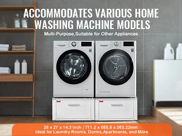 VEVOR laundry pedestal under washing machines in a modern laundry room, highlighting its size and benefits.