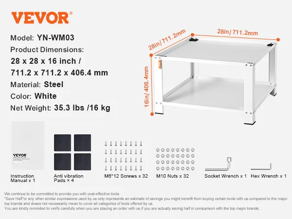 VEVOR laundry pedestal with dimensions 28x28x16 inches, steel construction, white color, 35.3 lbs.
