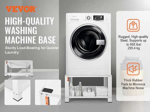 VEVOR laundry pedestal: high-quality steel supports 660 lbs, reduces noise with thick rubber pads, storage shelf.