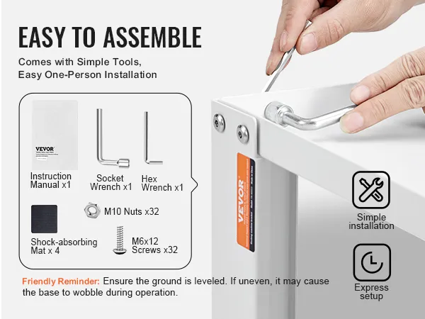 easy assembly of the VEVOR laundry pedestal with tools: hex wrench, socket wrench, screws, nuts.