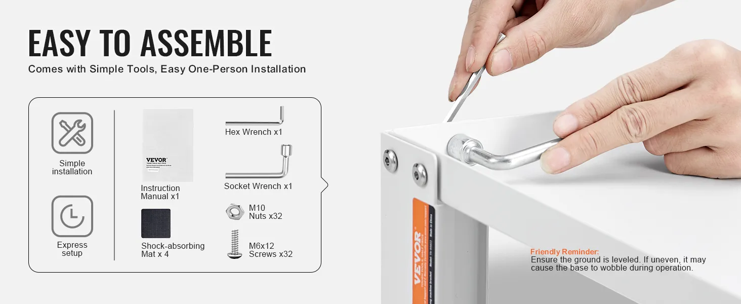 easy assembly of the VEVOR laundry pedestal with tools: hex wrench, socket wrench, screws, nuts.