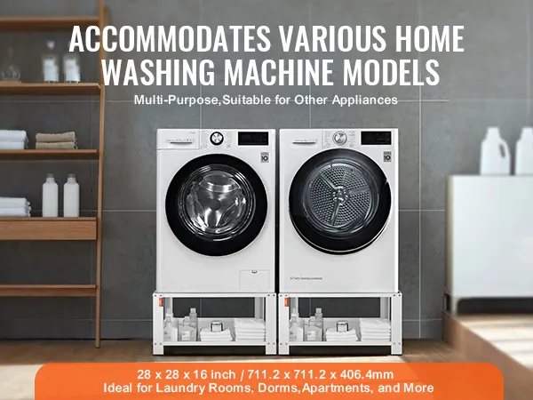 VEVOR laundry pedestal under washing machines, showcasing storage space with detergent and towels.