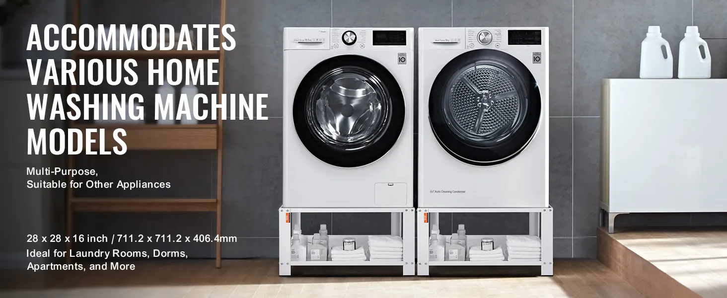 VEVOR laundry pedestal under washing machines, showcasing storage space with detergent and towels.
