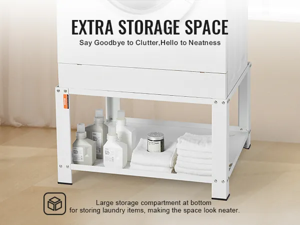 VEVOR laundry pedestal with extra storage space for bottles and neatly stacked towels.