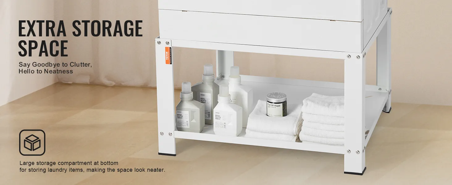 VEVOR laundry pedestal with extra storage space for bottles and neatly stacked towels.