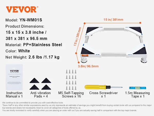 VEVOR mini fridge stand, adjustable, 15x15x3.8 inches, white pp & stainless steel, anti-vibration pads.