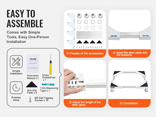 easy to assemble VEVOR mini fridge stand with tools included, step-by-step instructions, and completion guide.