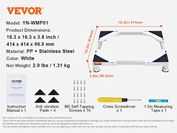 VEVOR mini fridge stand with adjustable dimensions, anti-vibration pads, screws, screwdriver, and measuring tape.