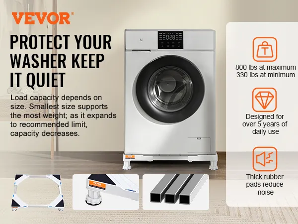 VEVOR mini fridge stand for washer, supports up to 800 lbs, reduces noise with rubber pads, durable for 5 years.
