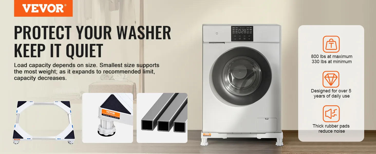 VEVOR mini fridge stand for washer, supports up to 800 lbs, reduces noise with rubber pads, durable for 5 years.