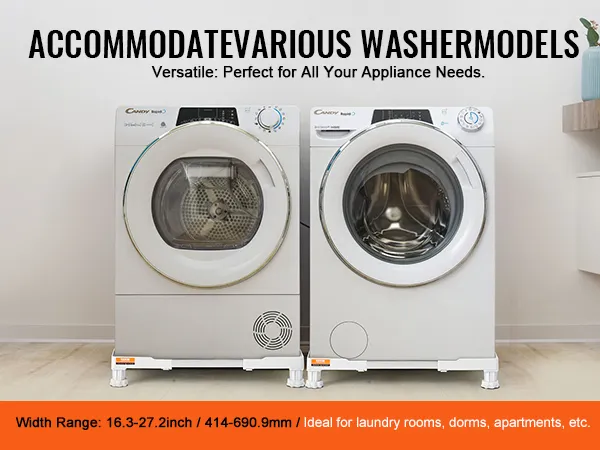 VEVOR mini fridge stand under two washer models, showcasing adjustable width range for appliances.