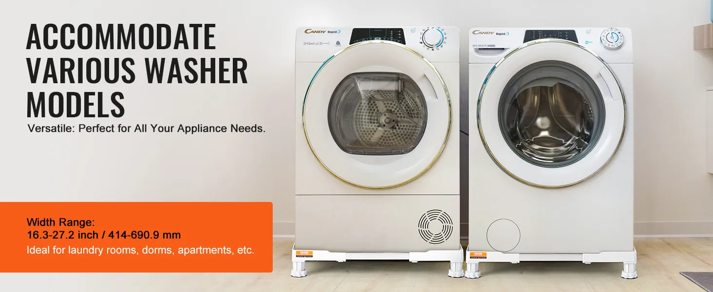VEVOR mini fridge stand under two washer models, showcasing adjustable width range for appliances.