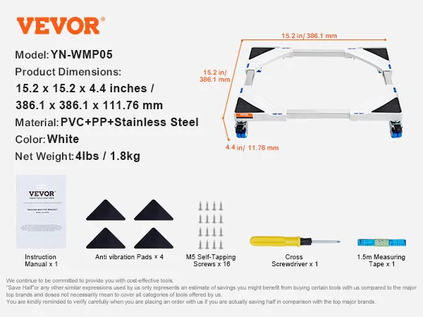 VEVOR mini fridge stand with dimensions and included accessories such as screws, screwdriver, and tape.