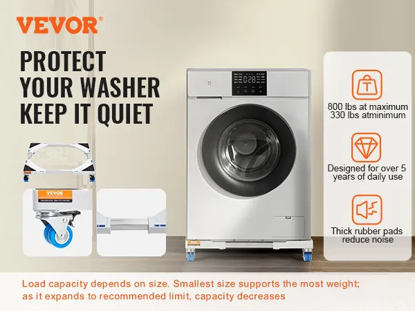 VEVOR mini fridge stand supporting washing machine with load capacity details and rubber pads reducing noise.