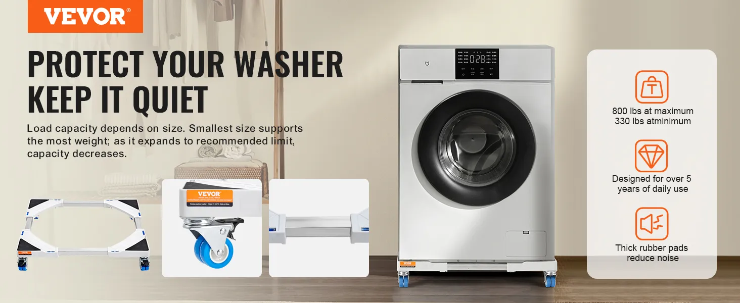 VEVOR mini fridge stand supporting washing machine with load capacity details and rubber pads reducing noise.