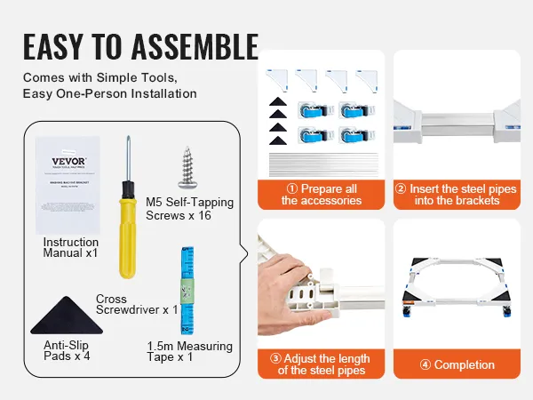 easy assembly instructions for VEVOR mini fridge stand with tools and accessories displayed.