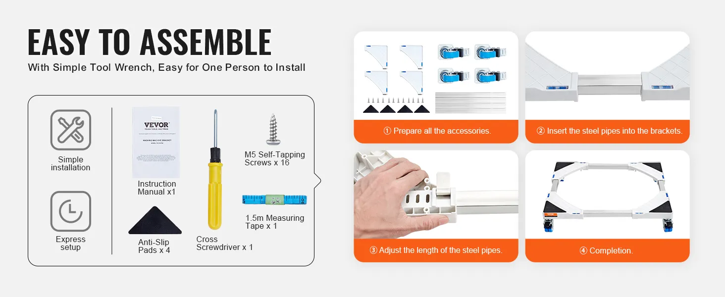 easy assembly instructions for VEVOR mini fridge stand with tools and accessories displayed.