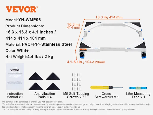VEVOR mini fridge stand dimensions, parts, and assembly tools displayed with labeled measurements.